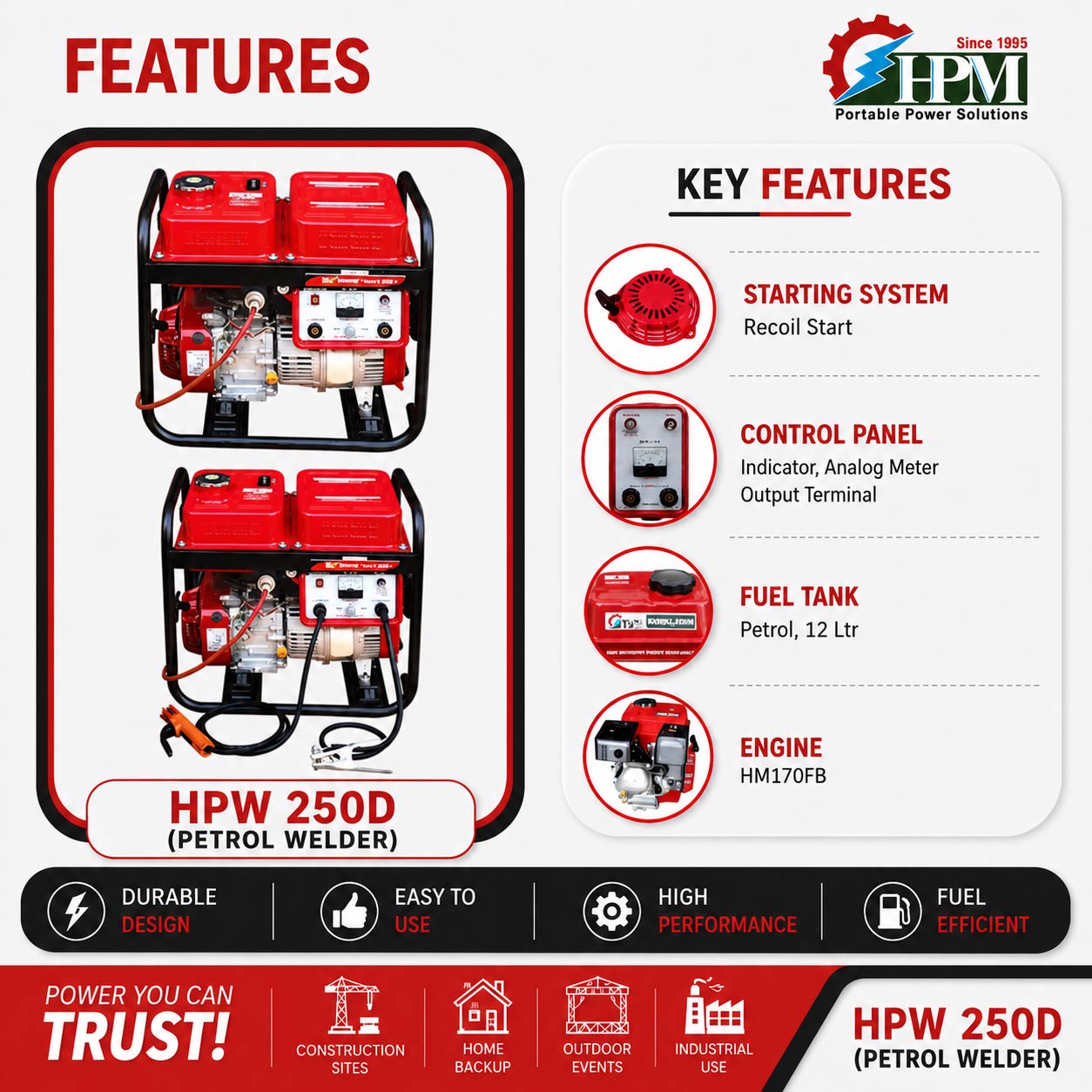 200 Amps Petrol Welding Generator, Recoil Start Model HPW-250D,  