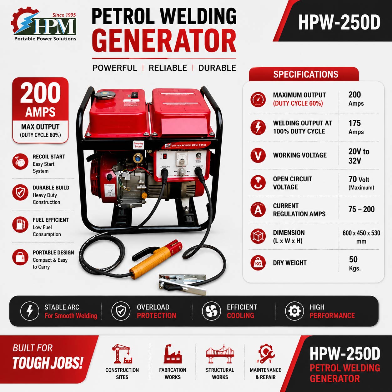 200 Amps Petrol Welding Generator, Recoil Start Model HPW-250D,  