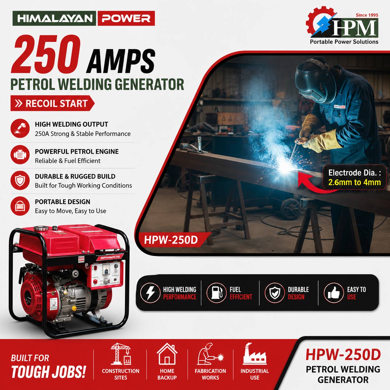 200 Amps Petrol Welding Generator, Recoil Start Model HPW-250D,  