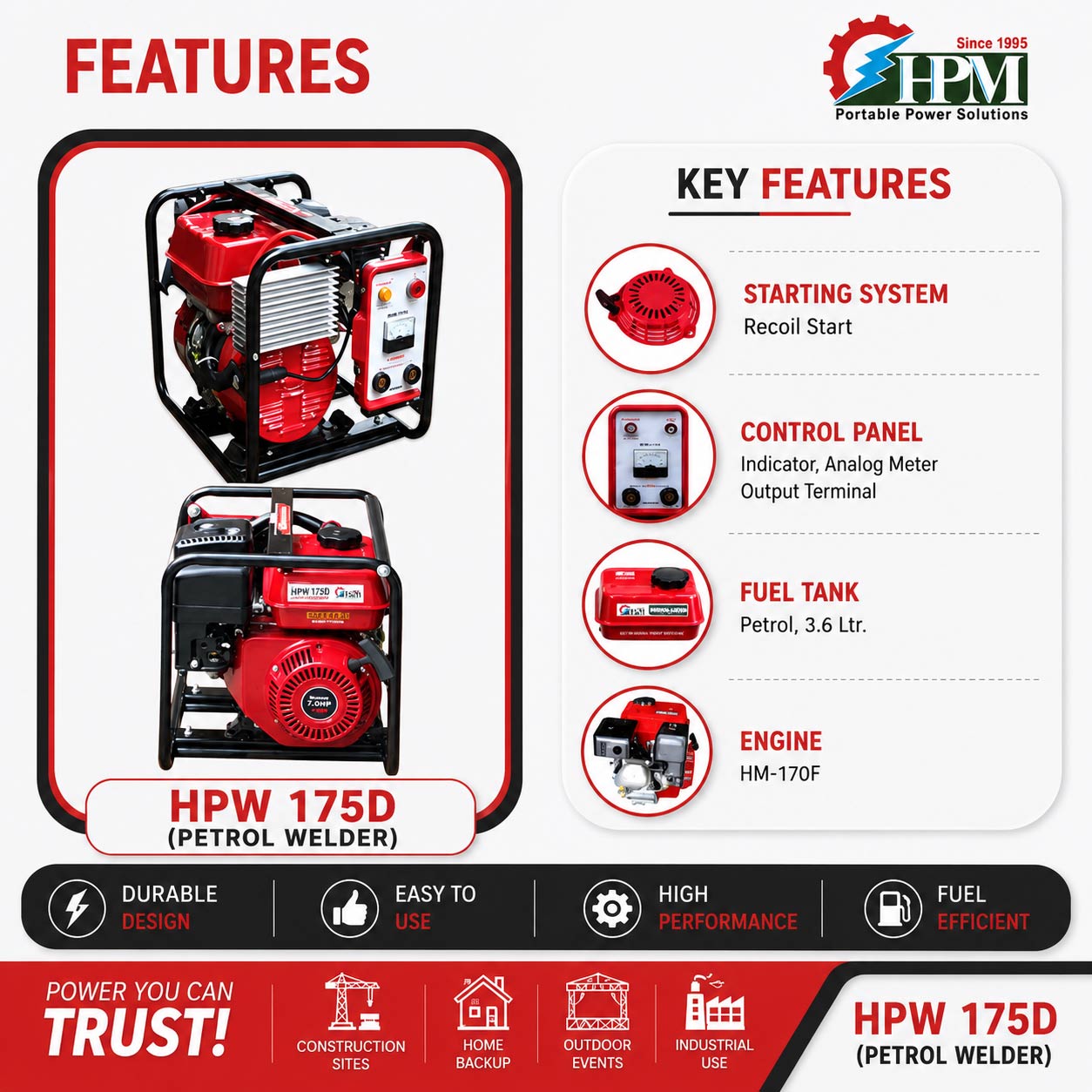 200 Amps Petrol Welding Generator, Model HPW-175D, Recoil Start