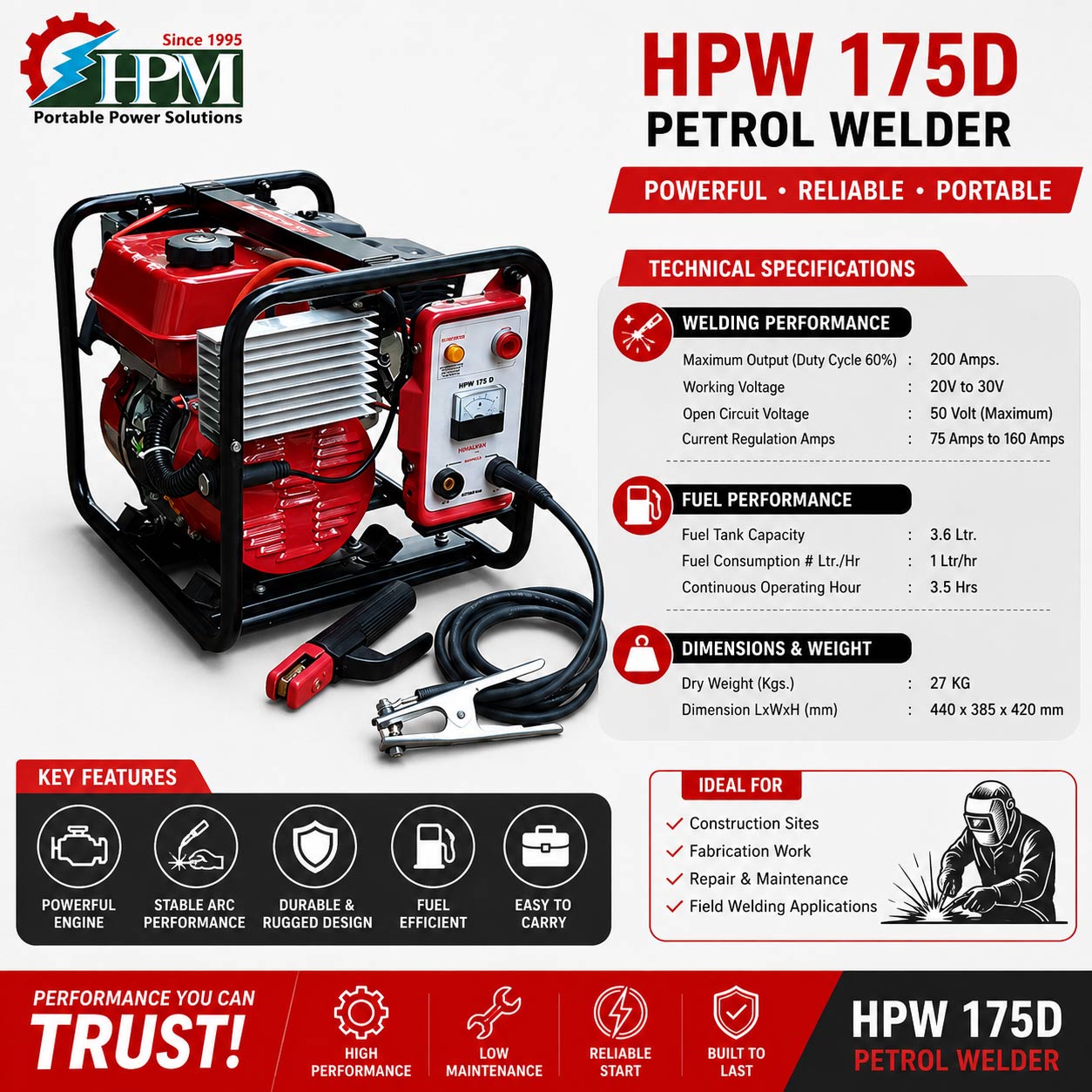 200 Amps Petrol Welding Generator, Model HPW-175D, Recoil Start