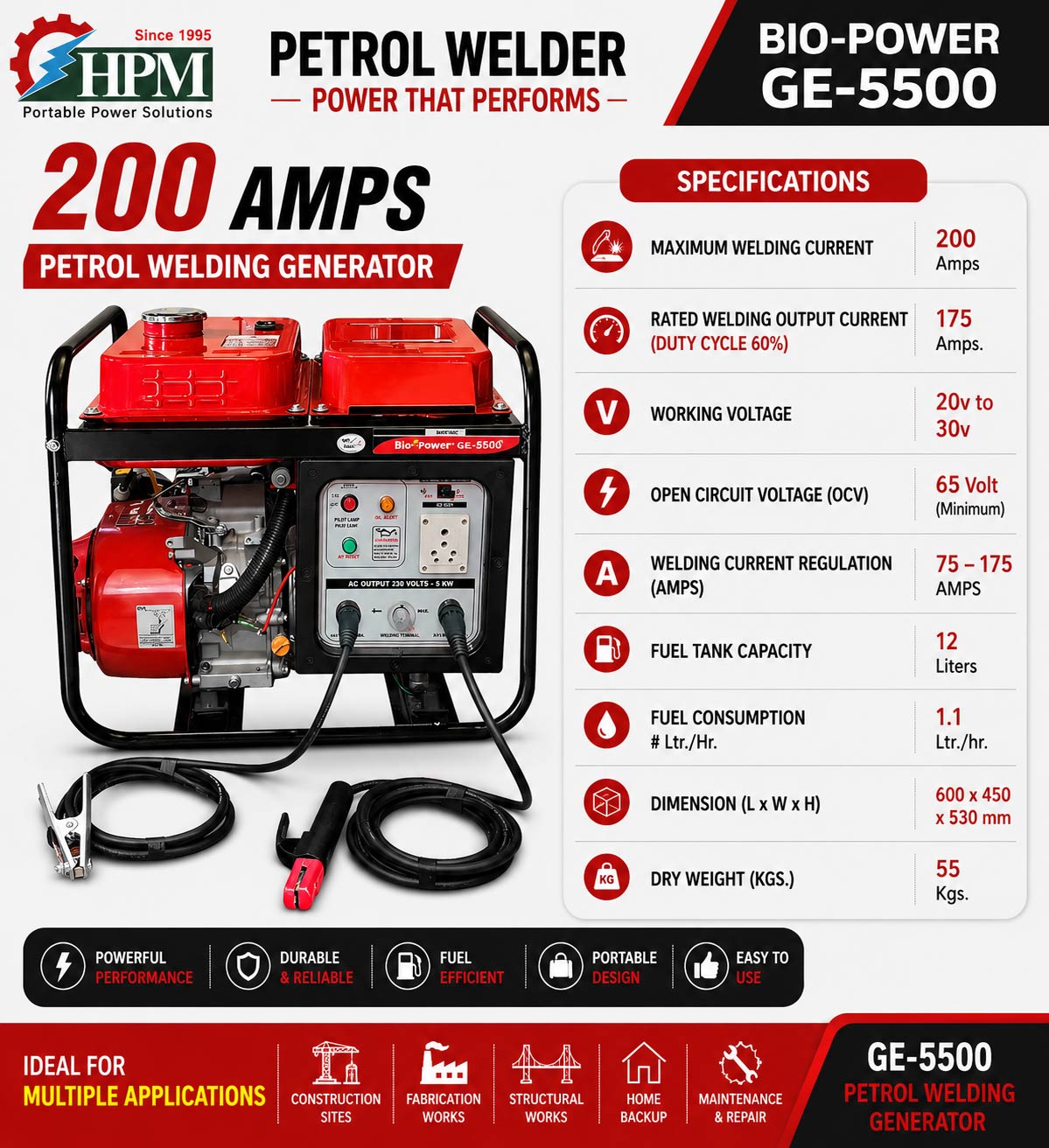 GE-W5000R 200 Amps Petrol Welding Generator with 3 KVA AC Output